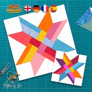 May include: Two colorful star quilt blocks. The larger block features a star design with red, orange, yellow, pink, and blue fabric strips. A smaller block with a similar star design is also present. The image includes the text "MULTI LANGUAGE" and "Pattern by Kia".