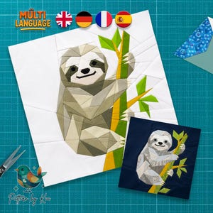 May include: A foundation paper piecing quilt block pattern featuring a geometric sloth climbing a bamboo stalk. The design includes a large white-background block and a smaller dark blue-background block, both showcasing the same sloth illustration.