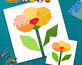 Modèle de bloc de courtepointe fleur renoncule : création de couture en papier (téléchargement PDF, 4 langues)