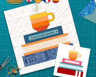 Book and Coffee Quilt Block, 4 Languages,  Stack of Books Foundation Paper Piecing, Quit Block, 5 Sizes, PDF Download