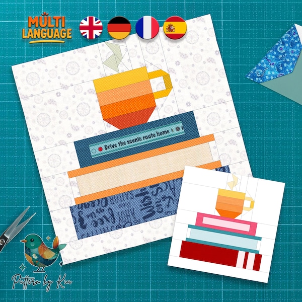 Blocco trapuntato "Libro e caffè", 4 lingue, pila di libri, carta da parati, blocco "Quit", 5 misure, download PDF