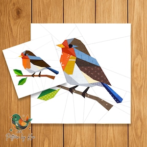 May include: Two bird-themed art prints. The larger print features a colorful geometric bird perched on a branch. The smaller print shows a similar bird design. The birds have orange, blue, brown, and yellow accents. The prints are on a white background.