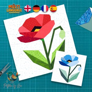 May include: Two paper piecing patterns of stylized flowers, one red and one blue, on white backgrounds. The red flower has a black center and green stem and leaves. The blue flower has a yellow center and green stem and leaves. The image includes the text "Multi Language" and "Pattern by Kia".