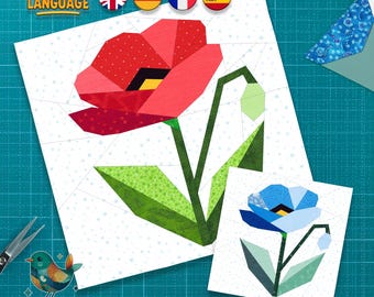 Poppy Flower Quilt Block Pattern, FPP 4 Sizes (PDF Download)