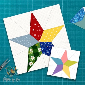 Puede incluir: Dos bloques de edredón de estrella con varias telas estampadas, incluyendo rojo con estrellas blancas, amarillo con lunares y floral azul. También hay un bloque de estrella más pequeño, con segmentos rosas, azules, morados y amarillos. El fondo es una esterilla de corte turquesa.