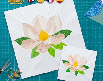 Motif de blocs de courtepointe magnolia, 4 tailles, fond de teint, courtepointe fleurs printanières, téléchargement PDF