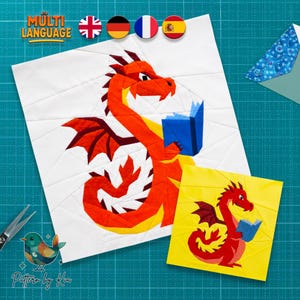 Dragon Reading Book Quilt Block Pattern, Foundation Paper Piecing, Multi-Language (PDF Download)
