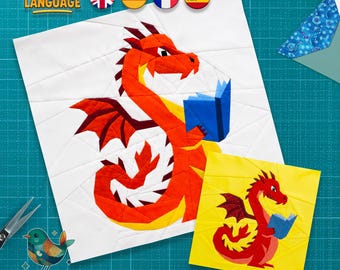 Dragon Reading Book Quilt Block Pattern, Foundation Paper Piecing, Multi-Language (PDF Download)
