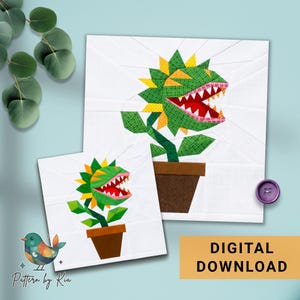 May include: A digital download quilt pattern featuring a carnivorous plant with green leaves, yellow accents, and a red mouth with white teeth in a brown pot. The design is presented in two sizes against a light blue background with a small bird icon.