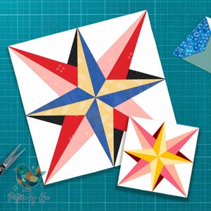 May include: Two star-shaped quilt blocks in red, blue, yellow, pink, and black on a white background. The larger block is approximately 30 cm square, and the smaller one is about 15 cm square. Scissors and a bird logo are in the lower left corner.