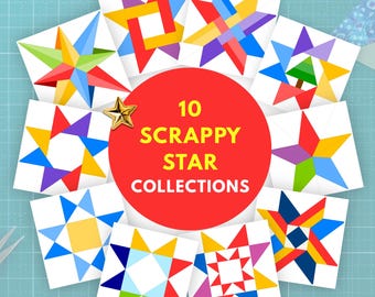 10 Scrappy Star Quilt Block Bundle, Foundation Paper Piecing, Star Fpp, PDF Download