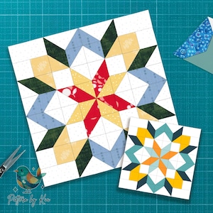 May include: Two quilt block patterns featuring star designs. The larger block has a red center, yellow, blue, and green accents. The smaller block has a teal, orange, and yellow star design. A pair of scissors and a bird logo are also visible.