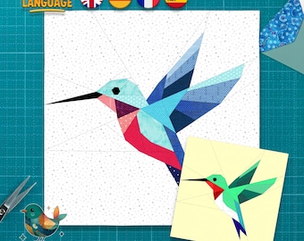 Motif de blocs de courtepointe Colibri, fondation en papier (téléchargement PDF, 3 tailles, 4 langues)
