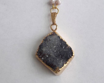 One of a Kind, OOAK, Purple square druzy necklace, Beaded pendant necklace, Irregular druzy pendant, Gold dipped raw stone