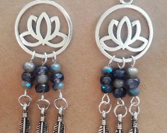 Lotus flower earrings, Dreamcatcher earrings, Smokey quartz, Antique silver lotus, Dream catcher earrings