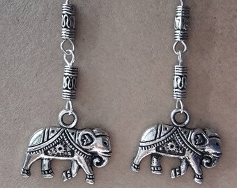 Long silver elephant dangle earrings, Tierracast animal earrings, Tribal earrings
