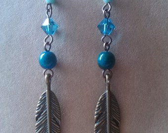 Teal swarovski and blue agate bronze feather earrings