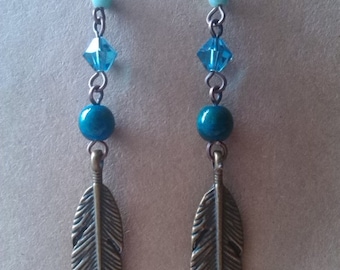 Teal swarovski and blue agate bronze feather earrings
