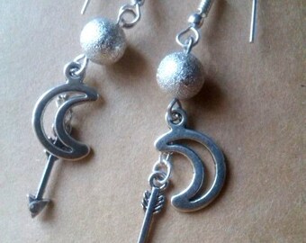 Sterling Silver Stardust Earrings, Crescent Moon Earrings, Cosmic Earrings