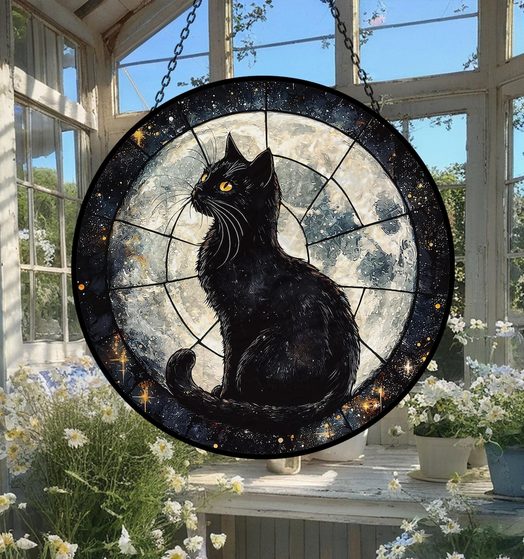 Black Cat Stained Glass Suncatcher, Mystical Animal Decor Suncatcher ...