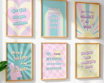 Kids Bible Verse Poster (Set of 6): Christian Preschool Homeschool Sunday School Decor, Groovy Retro Educational Scripture Wall Art