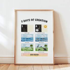 7 Tage der Schöpfung Kinder Bibel Poster: Christliche Vorschule Heimschule Sonntagsschule Dekor | Lehrreiche Schrift Wandkunst