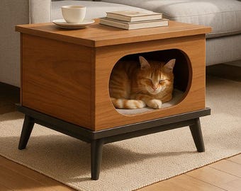 Mid Century Modern Cat House Side Table – Wooden Pet Bed