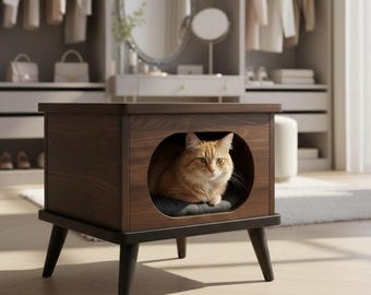 Wooden Cat House Furniture: Mid-Century Cat Bed, Cozy Indoor Pet Cave