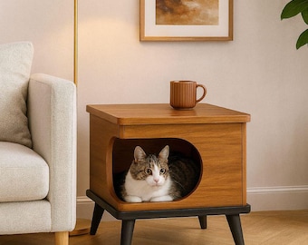 Modern Wooden Cat House Side Table with Cushion
