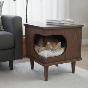 Moderna casita de madera para gatos: mesa auxiliar multifuncional, cama de lujo para gatos