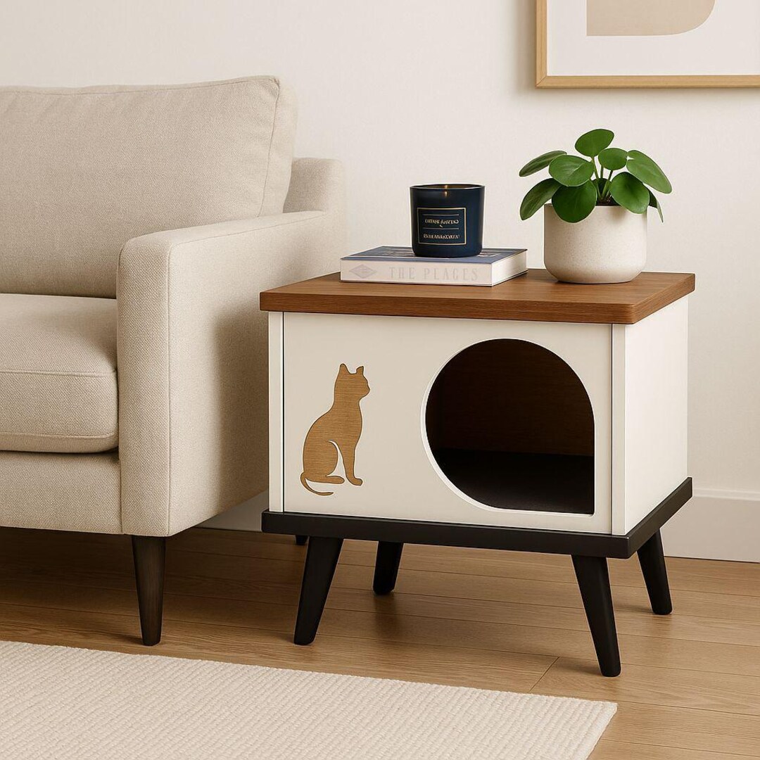 Modern Cat House Side Table: Minimalist Pet Bed, Solid Wood Legs - Etsy