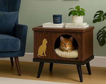 Mid Century Modern Katzenhaus: Stilvoller Haustier Nachttisch aus Holz