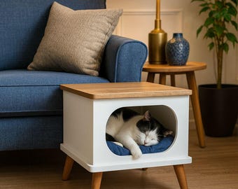 Modern Wooden Cat House: Stylish Pet Bed, Nightstand Side Table