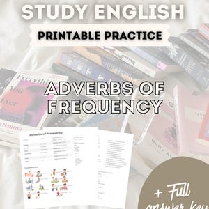 Op de afbeelding: Een afdrukbare Engelse studiehandleiding over bijwoorden van frequentie, met een volledige antwoordsleutel. De gids ligt op een wit oppervlak, omringd door boeken. De tekst "Study English" en "Printable Practice" staan bovenaan.