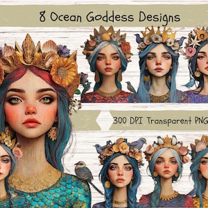 Pode incluir: Arte digital com oito designs de deusas do oceano. Cada retrato mostra uma mulher com cabelo azul, adornada com coroas de flores e detalhes intrincados. A imagem inclui o texto "8 Ocean Goddess Designs" e "300 DPI Transparent PNG".