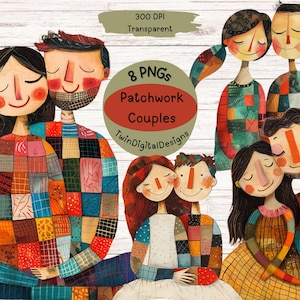 May include: Digital art featuring several couples with closed eyes, each in a loving embrace. The couples are adorned in patchwork clothing with various colors and patterns. The image includes text that reads "8 PNGs Patchwork Couples TwinDigitalDesigns".