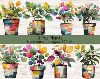 May include: A collection of eight potted plants featuring colorful, multi-toned leaves in decorative pots with a collage-style pattern. The text "8 Pot Plants Transparent Images, 300 DPI" is centered between the two rows of plant illustrations.