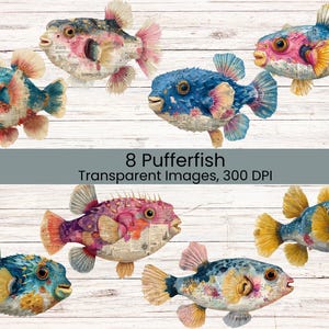 May include: A collection of eight digital pufferfish illustrations featuring mixed media textures, newspaper print patterns, and vibrant blue, pink, and yellow color palettes. The text 8 Pufferfish Transparent Images, 300 DPI is centered.