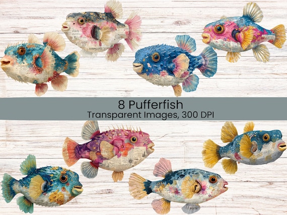 Colorful Pufferfish Watercolor Clipart, Vibrant Tropical Fish PNG Bundle for Sublimation, Marine Nautical Illustrations