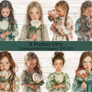Puede incluir: Una colección digital de ocho ilustraciones que muestran a niñas con varios peinados, cada una sosteniendo una flor de protea. Las niñas visten vestidos con estampados florales en tonos verdes, rosas y blancos. Texto 8 Protea Girls.