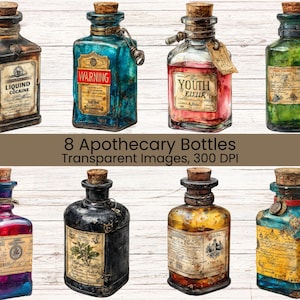 Vintage Apothecary Bottles Clipart | Antique Potion Labels | Dark Academia Elixir PNG Set