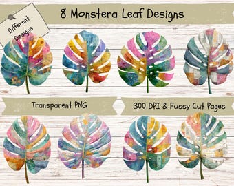 Monstera Watercolour Leaf Clipart: Foliage Scrapbook PNG (Digital Download)