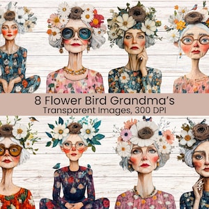 Può includere: Una collezione digitale di otto illustrazioni raffiguranti figure anziane con capelli grigi adornati da corone di fiori e nidi di uccelli. Ogni personaggio indossa abiti a fantasia, alcuni con occhiali, su uno sfondo in legno chiaro con testo.