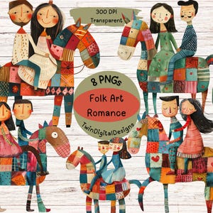 Puede incluir: Ilustración digital de parejas montando caballos de patchwork con patrones geométricos coloridos. Incluye el texto "Folk Art Romance" y "TwinDigitalDesigns". El fondo es de vetas de madera clara. La imagen es transparente.