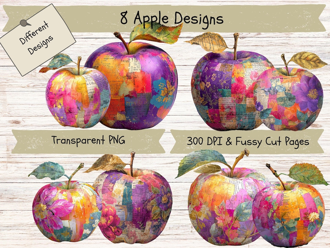 Whimsy Apple Design Fruit Watercolor Clipart: Whimsical Apple PNG, Junk Journal (digital ...