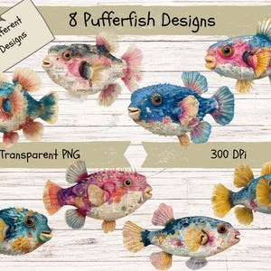 May include: A digital collection of 8 pufferfish designs featuring mixed media artistic styles with vibrant blue, pink, and yellow color palettes. Each fish illustration incorporates text elements and textures, presented as transparent PNG files at 300 DPI.