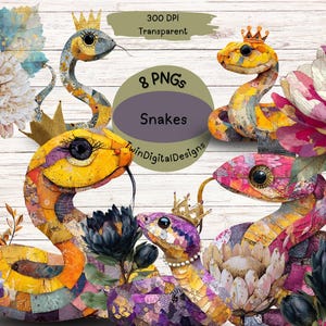 May include: A digital illustration featuring eight colorful snake designs with crowns, surrounded by floral elements. The snakes have a patchwork appearance with yellow, orange, pink, and purple hues. The image includes text that reads "8 PNGs Snakes 300 DPI Transparent".