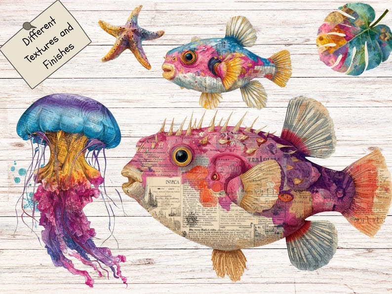 May include: A collection of marine life illustrations featuring a large pufferfish, a smaller pufferfish, a jellyfish, a starfish, and a tropical leaf. The designs incorporate collage-style text and vibrant pink, blue, and yellow hues.