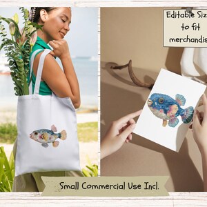 May include: A white tote bag featuring a colorful watercolor illustration of a pufferfish. The same pufferfish design is also displayed on a white rectangular card held by two hands. Text on the image reads Editable Sizes to fit merchandise.