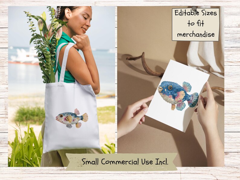 May include: A white tote bag featuring a colorful watercolor illustration of a pufferfish. The same pufferfish design is also displayed on a white rectangular card held by two hands. Text on the image reads Editable Sizes to fit merchandise.